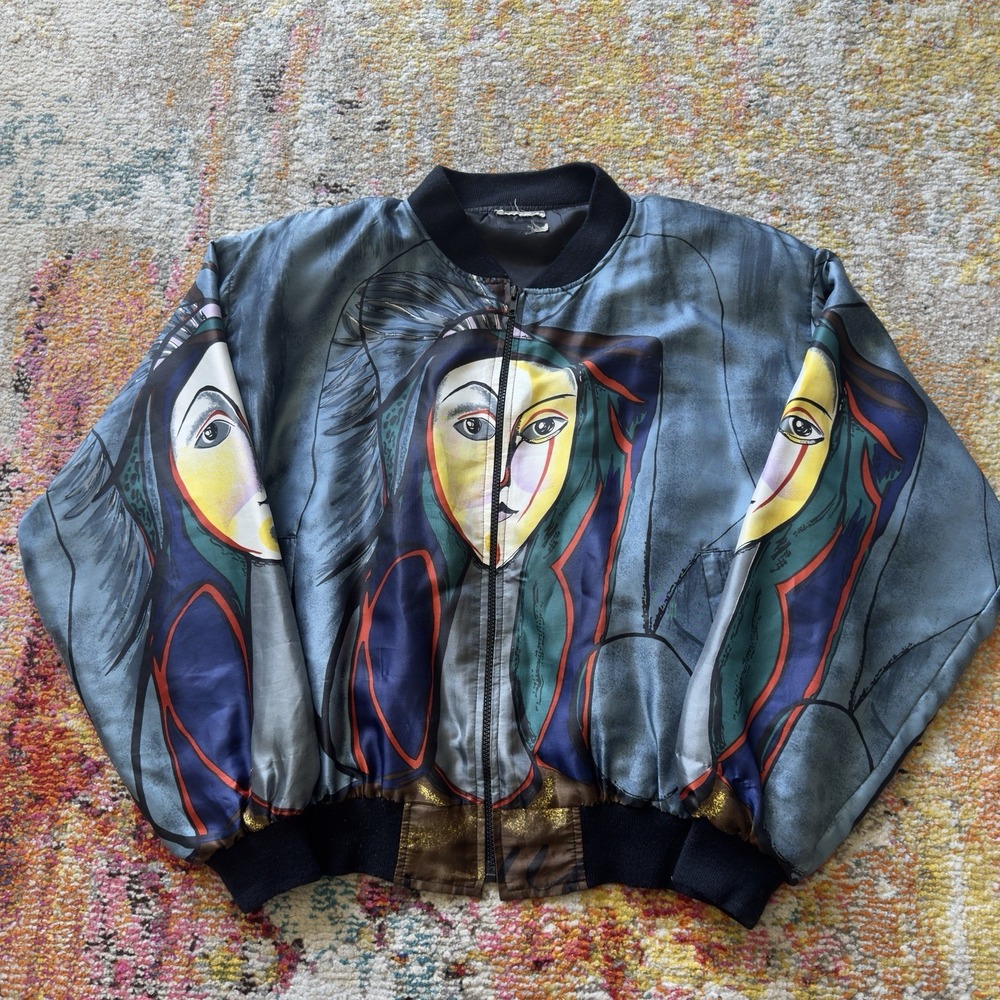 Vtg G Oberti Picasso Look Abstract Art Jacket Measures L or XL Blue Bomber Style